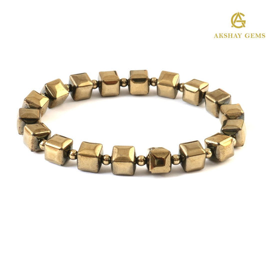 Golden Pyrite Cube Bracelet (Coated Hematite) – Wealth & Protection Crystal Jewelry