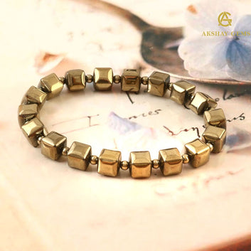 Golden Pyrite Cube Bracelet (Coated Hematite) – Wealth & Protection Crystal Jewelry