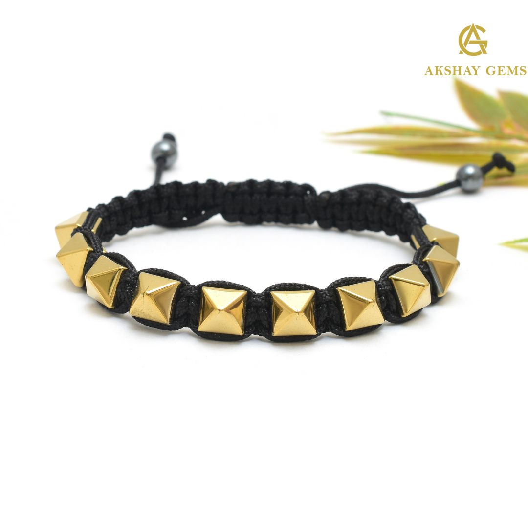 Golden Pyrite Pyramid (Coated Hematite) Braided Bracelet