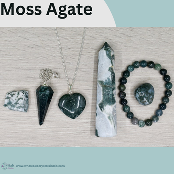 Moss Agate Crystal Healing Set | 6+1 Combo with Bracelet, Pendant, Tower & Free Selenite Plate