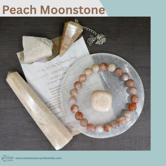 Peach Moonstone Crystal Set – 6+1 Healing Combo with Bracelet, Pendant, Raw Stone, Tower & Free Selenite Plate