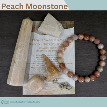 Peach Moonstone Crystal Set – 6+1 Healing Combo with Bracelet, Pendant, Raw Stone, Tower & Free Selenite Plate