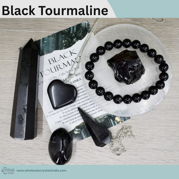 Black Tourmaline Crystal Healing Set | 6+1 Combo with Bracelet, Pendant, Tower & Free Selenite Plate