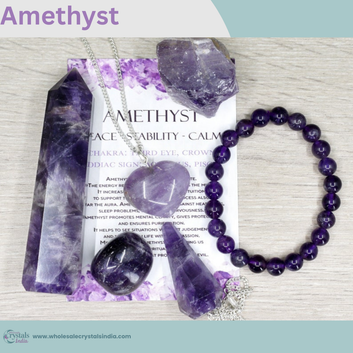 Amethyst Crystal Set – 6+1 Healing Combo with Bracelet, Pendant, Tower, Raw Stone & Free Selenite Plate