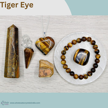 Tiger Eye Crystal Healing Set | 6+1 Combo with Bracelet, Pendant, Tower & Free Selenite Plate