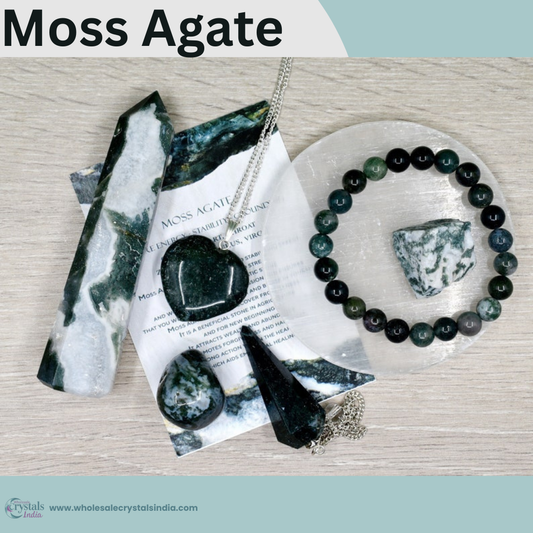 Moss Agate Crystal Healing Set | 6+1 Combo with Bracelet, Pendant, Tower & Free Selenite Plate