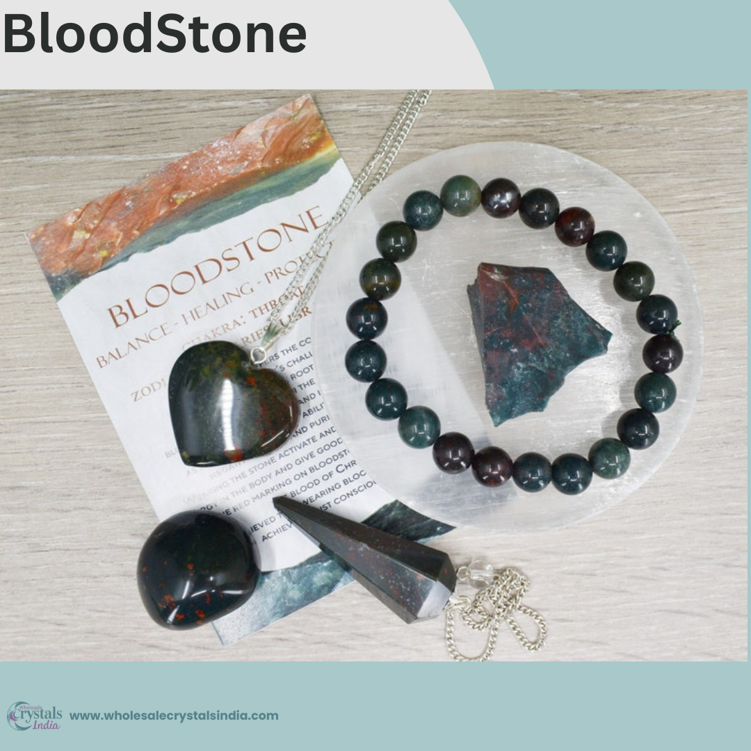 Blood Stone Crystal Combo Pack – Bracelet, Heart Pendant, Tumble, Raw Stone, Pendulum + Free Selenite Plate