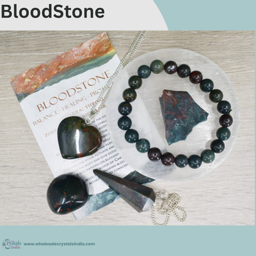 Blood Stone Crystal Combo Pack – Bracelet, Heart Pendant, Tumble, Raw Stone, Pendulum + Free Selenite Plate
