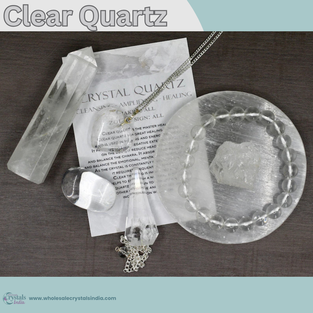 Clear Quartz Crystal Set – 6+1 Healing Combo with Bracelet, Pendant, Raw Stone, Tower & Free Selenite Plate.