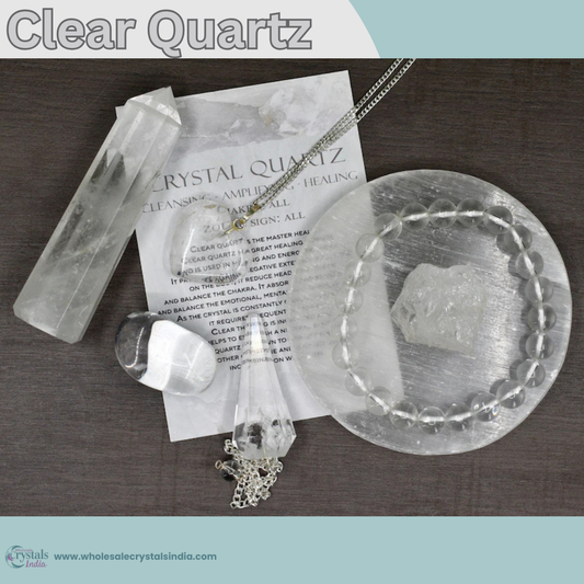 Clear Quartz Crystal Set – 6+1 Healing Combo with Bracelet, Pendant, Raw Stone, Tower & Free Selenite Plate.