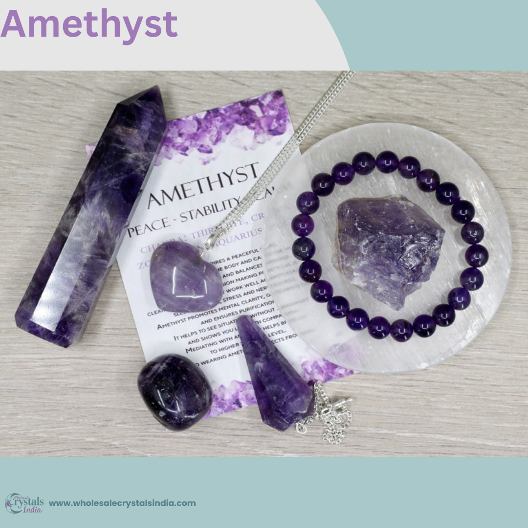 Amethyst Crystal Set – 6+1 Healing Combo with Bracelet, Pendant, Tower, Raw Stone & Free Selenite Plate