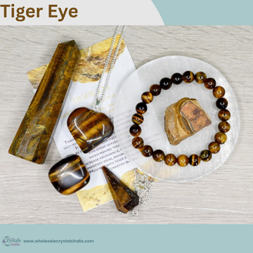Tiger Eye Crystal Healing Set | 6+1 Combo with Bracelet, Pendant, Tower & Free Selenite Plate