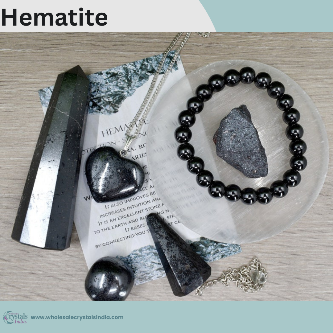 Hematite Crystal Set – 6+1 Healing Combo with Bracelet, Pendant, Tower, Raw Stone & Free Selenite Plate