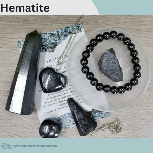 Hematite Crystal Set – 6+1 Healing Combo with Bracelet, Pendant, Tower, Raw Stone & Free Selenite Plate