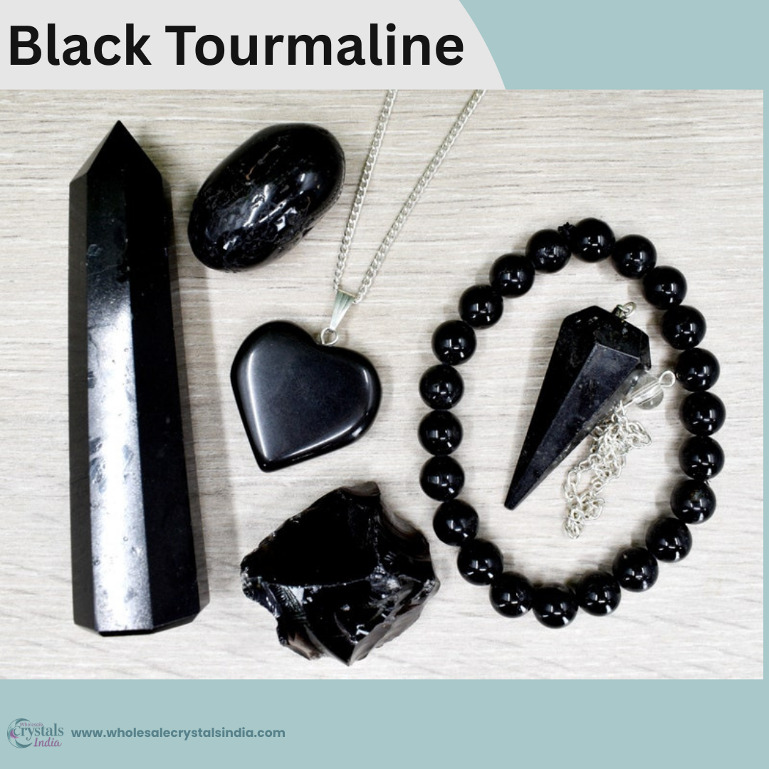 Black Tourmaline Crystal Healing Set | 6+1 Combo with Bracelet, Pendant, Tower & Free Selenite Plate