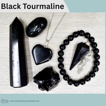 Black Tourmaline Crystal Healing Set | 6+1 Combo with Bracelet, Pendant, Tower & Free Selenite Plate