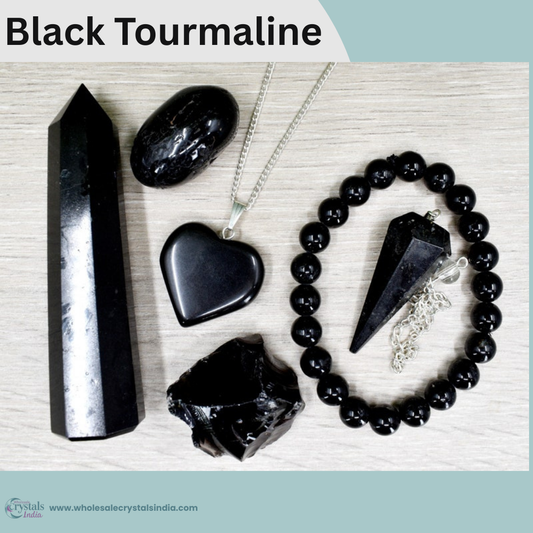 Black Tourmaline Crystal Healing Set | 6+1 Combo with Bracelet, Pendant, Tower & Free Selenite Plate