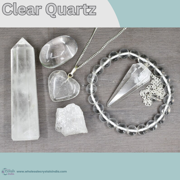 Clear Quartz Crystal Set – 6+1 Healing Combo with Bracelet, Pendant, Raw Stone, Tower & Free Selenite Plate.