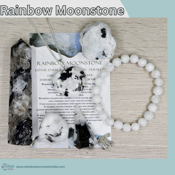 Rainbow Moonstone Crystal Set – 6+1 Healing Combo with Bracelet, Pendant, Raw Stone, Tower & Free Selenite Plate
