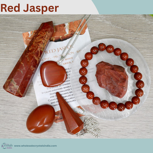 Red Jasper Crystal Set – 6+1 Healing Combo with Bracelet, Pendant, Raw Stone, Tower & Free Selenite Plate.