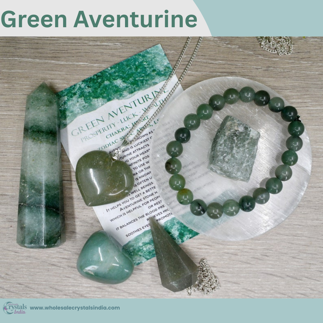 Green Aventurine Crystal Set – 6+1 Healing Combo with Bracelet, Pendant, Raw Stone, Tower & Free Selenite Plate