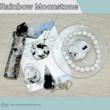 Rainbow Moonstone Crystal Set – 6+1 Healing Combo with Bracelet, Pendant, Raw Stone, Tower & Free Selenite Plate